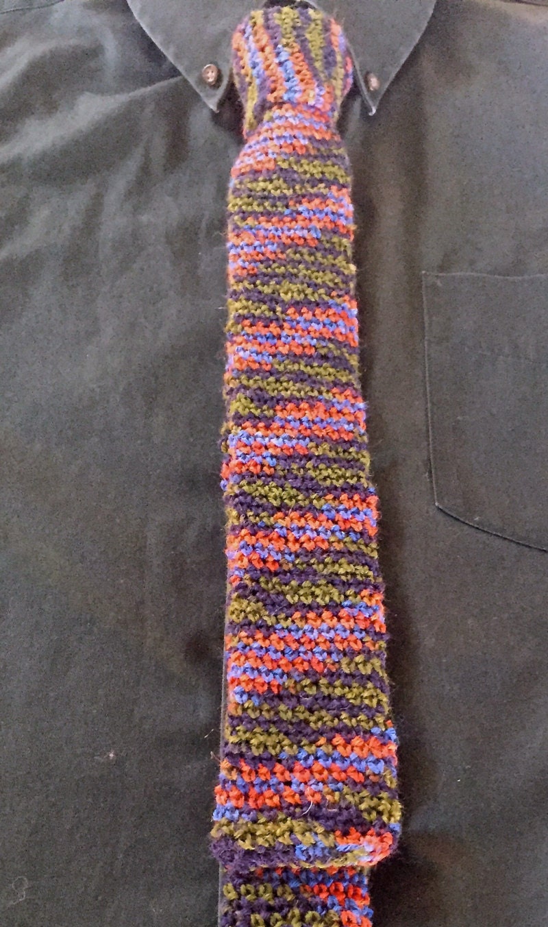 Hand Knit Multicolored Necktie Wool Necktie Crochet Necktie