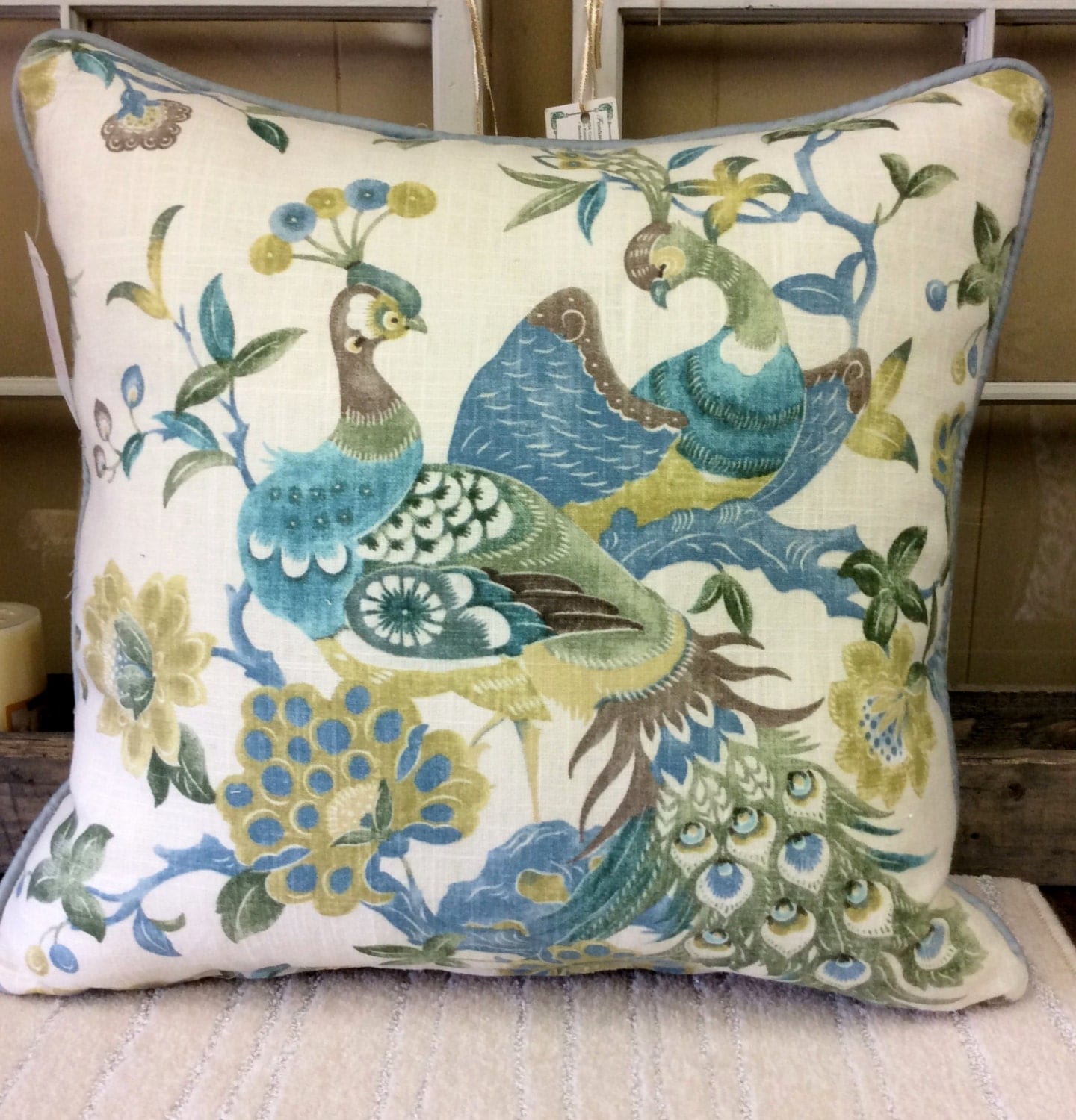 22x22 Pillow Cover Peacock Print Linen Like w/ Hidden Zipper