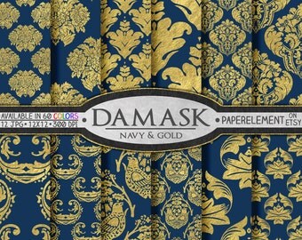 Blue and Gold Scrapbook Paper - Metallic Gold Damasks for Printable Graduation Backdrops in Gold and Blue Scrapbook Paper - Instant Download