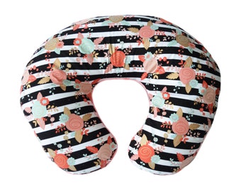Coral and mint roses boppy cover, Coral minky nursery pillow, Floral boppy, Gold nursery,