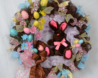 Happy Easter Wreath, Easter Egg Decor, Chocolate Bunny Wreath, Brown and Pink Mesh Wreath, Easter Bunny Wreath, Easter Bunny Decoration