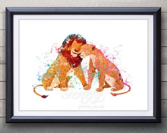 Disney Lion King Simba and Nala Watercolor Poster Print - Wall Decor - Watercolor Painting - Watercolor Art - Kids Decor- Nursery Decor