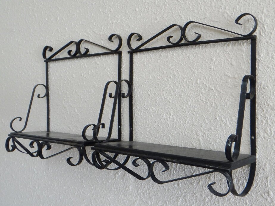 Vintage Pr Wrought Iron Black Shelves Mid Century Matching