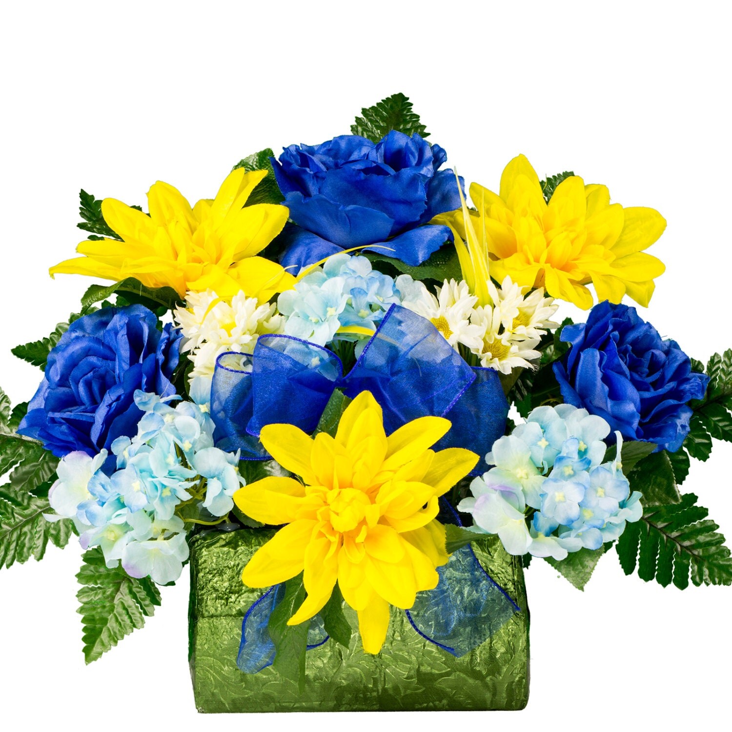 Blue Rose And Yellow Dahlias Monument Brick Flower Arrangement