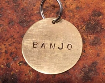 LARGE - Custom personalized modern simple hand-stamped dog ID tag - Name + Number - simple - aluminum, brass, copper - gift for dog owner