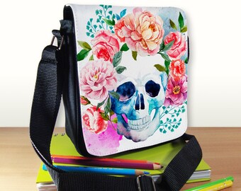 Skull Small Shoulder Bag, Skull and Roses, Sugar Skull, Small Crossbody Bag, Small CrossBody Purse, Cross Body Bag, Sling Bag, Small Purse