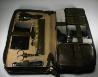 REDUCED - Vintage W. German Brown Leather Vanity Travel Set, 1950's