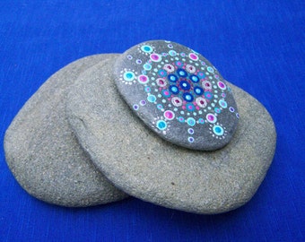 Mandala art on stone, hand painted beach stone, blue silver pink, dot painting with acrylics, beach artwork, painted rock