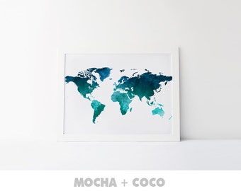 Watercolor World Map Printable Poster | Map prints, Pin board, Travel map, Printable map, Watercolor map, Watercolor print, Nursery map