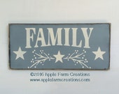 Wooden FAMILY Sign, Blue with Vintage White Stars, Distressed, Primitive Rustic Country, Vintage Farmhouse Decor; Wooden Signs; House Signs