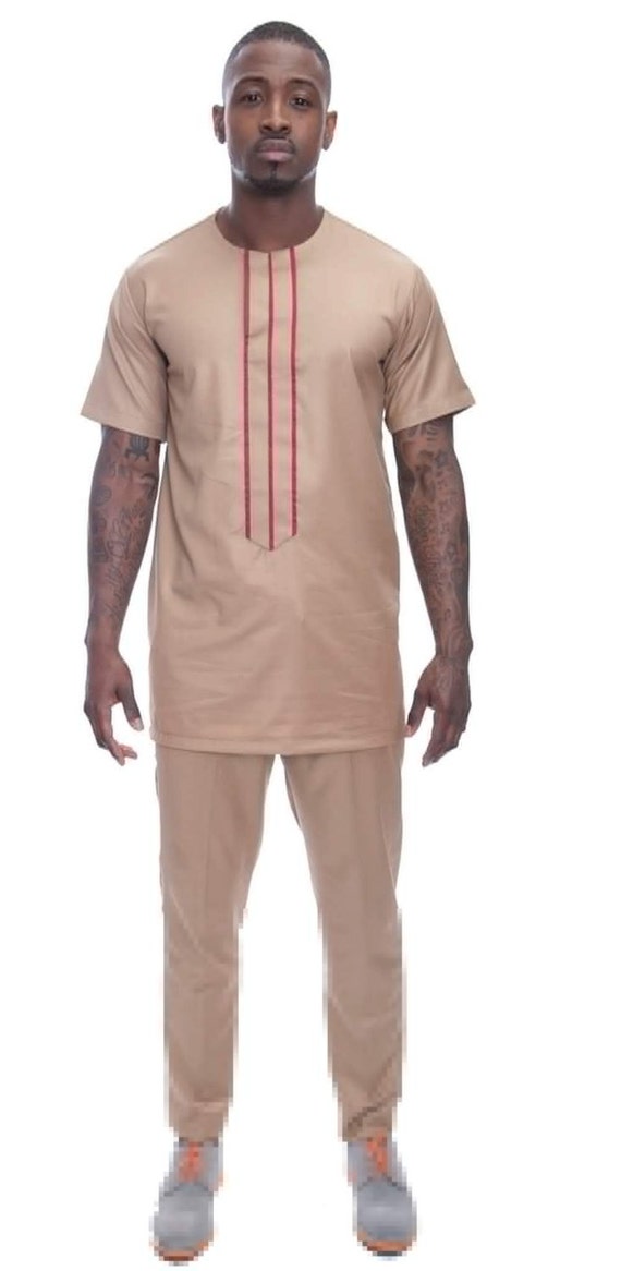 Brown Senator Kaftan, African Shirt. Maroon line detail