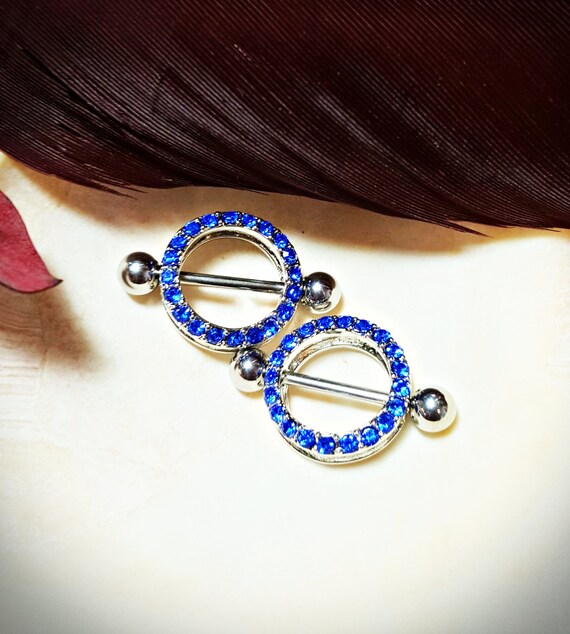 Silver Sapphire Blue Swarovski Crystal Circle Nipple Shield