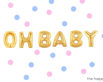 16" Gold OH BABY balloons/banner. baby boy balloons. oh boy balloons. baby shower balloons. gender reveal party. gold balloons. baby spritz