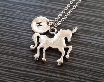 Silver Unicorn Necklace - Unicorn Charm Pendant - Personalized Necklace - Custom Initial Necklace - Personalized Gift Horse Necklace