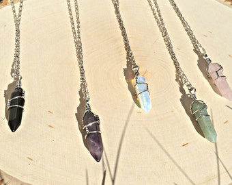 Crystal Necklace pendant Wire wrapped stone jewelry Boho Hippie Rose Quartz Amethyst Opalite Black Onyx Healing Crystal Bohemian Jewelry