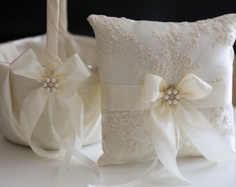 Ivory Ring Pillow / Ivory Flower Girl Basket / Lace Bearer Pillow / Ivory Lace Bearer / Beige wedding basket Lace wedding pillow basket set
