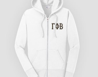 Gamma Phi Beta Fitted Embroidered Classic Zip Up Hoody, Gamma Phi Beta Zip up hooded sweatshirt, Greek Apparel, Sorority Letter Sweatshirt,