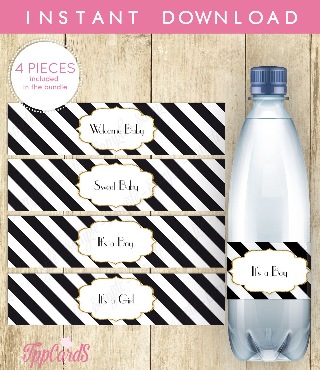 Black and White Water Bottle Labels Baby Shower Printable