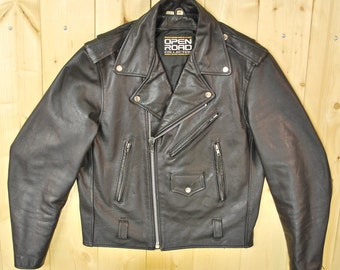 Vintage 1980's Black Leather Motorcycle Jacket / Open Road / Retro Collectable Rare