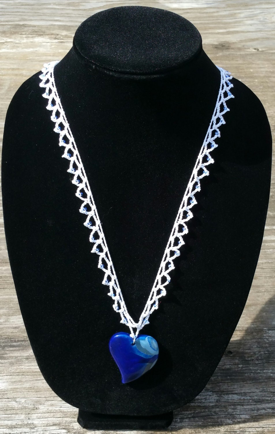 Blue Heart Necklace Blue Pendant Necklace Blue and White