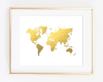 World Map Print, Gold World Map, Gold Map, Printable Art Print, Travel Print, Office Decor, Gold Printable Map, World Map, Instant Download