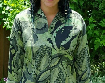 1970's Button-Up 3/4 Sleeve Abstract Vintage Bohemian Shirt w/Collar Sz. Small Casual Hippie Artsy Bohemian Women's Shirt Unique 70's Shirt