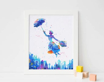Mary Poppins print Watercolor Art nursery Wall decor, Marry poppins Watercolor Print, Disney Characters Poster, Instant download