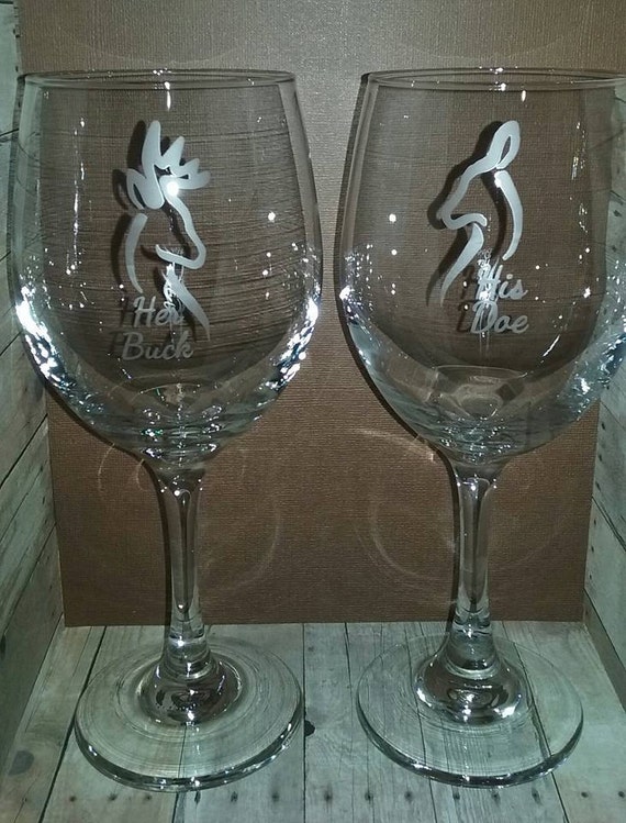 Items similar to Her Buck His Doe Deer Etched 20oz Wine Glass Set on Etsy