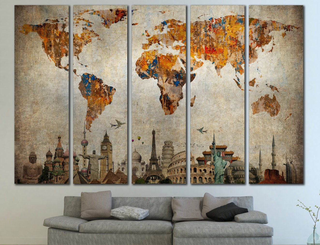 LARGE World Map Panels Poster Decor Canvas World Map Print