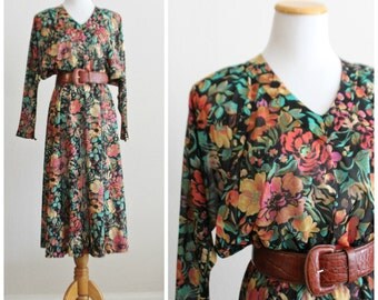 Vintage 70's Black Floral Sheer Feminine Flowy Dolman Sleeve Dress JODY T of California Batwing midi