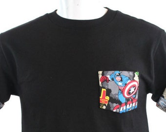 Captain America Pocket Roll-up T-Shirt, Avengers T-shirt, Super Hero Pocket and Roll-up Sleeves T-shirt, Captain America Tee