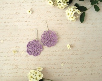 Simple earrings, Casual charming earrings, Tatting lace jewelry, Lovely tatted earrings, Bridesmaid earrings, Purple earrings, Friend gift