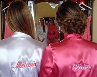 Custom Bridal Embroidered Bride Robe, Satin Robe for Weddings and Bridal Parties Front and Back Personalized Embroidery