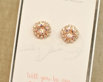 Rose Gold Blush Pink Bridesmaids Earrings Swarovski Crystal Silk Halo Stud Post Clip on Rhinestone Earrings Will You Be My Bridesmaid