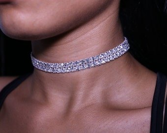 Diamond Choker Necklace Silver 2 Row