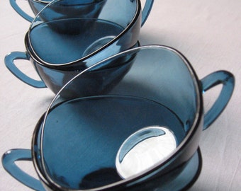 6 to 9 cups Vereco blue glass / tempered glass coffee mug / Cup / Vintage french 60 - 70s / retro dishes
