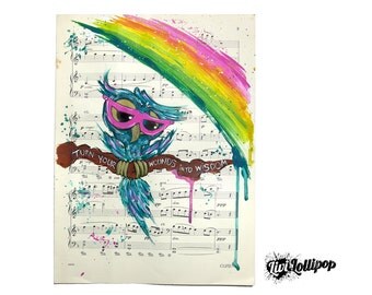 Owl painting rainbow painting sheet music art-UNFRAMED shabby chic decor, gifts for girls, owl gifts rainbow art owl art owl illustration