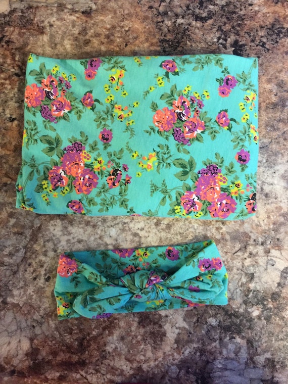 Floral receiving blanket and top knot headband