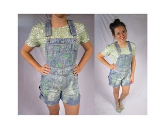 Refashioned 1990s Tommy Hifiger Bib Overall Shorts Bib Shorts Bleached Bibs Painted Bibs Short Coveralls Vintage Bib Shorts Vintage Overalls
