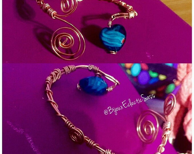 Adjustable Copper Wire Bracelet w/ Blue Heart Pendant