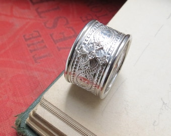 Wide Band Maltese Cross Ring Renaissance Style Band Medieval Style Ring Statement Ring Sterling Silver Patterned Ring Cigar Band Ring