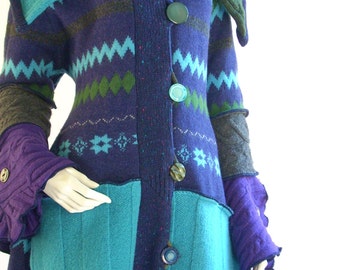 Medium 10-12/ Upcycled Sweater Coat/ Zig Zag/ Purple, Turquoise, Olive/Fully Lined