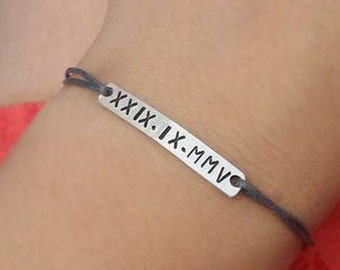 Set of Two, Couple Bracelets, Engraved Bracelet, Aluminum, Cord Bracelet, Roman Numerals, Date, Handmade, Gift, Custom, Handstamped