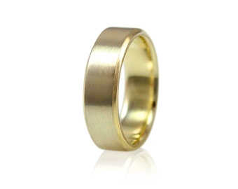 Mens Beveled Wedding Band, 6mm Wide Brushed Wedding Ring in Recycled 10k or 14k Yellow Gold, 14k White Gold or Palladium, Size 10 Ring