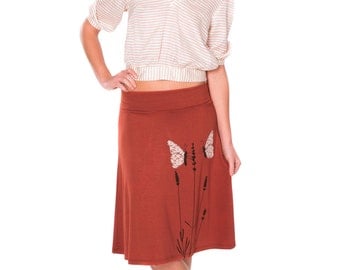 Cute Skirt for Women, Plus size skirts with butterfly, Pull on lace applique skirt, Burnt Orange jersey skirt - Butterfly's office affair