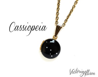 Cassiopeia Constellation Necklace, Hand Painted Vintage Tiny Locket, Antiqued Brass Chain, Stars