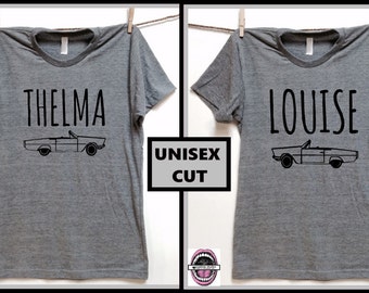 Thelma and Louise CAR image. Set of 2 Unisex Grey tri blend soft T shirts. XS thru 4XL. best friend shirts. badass feminist. Plus sizes