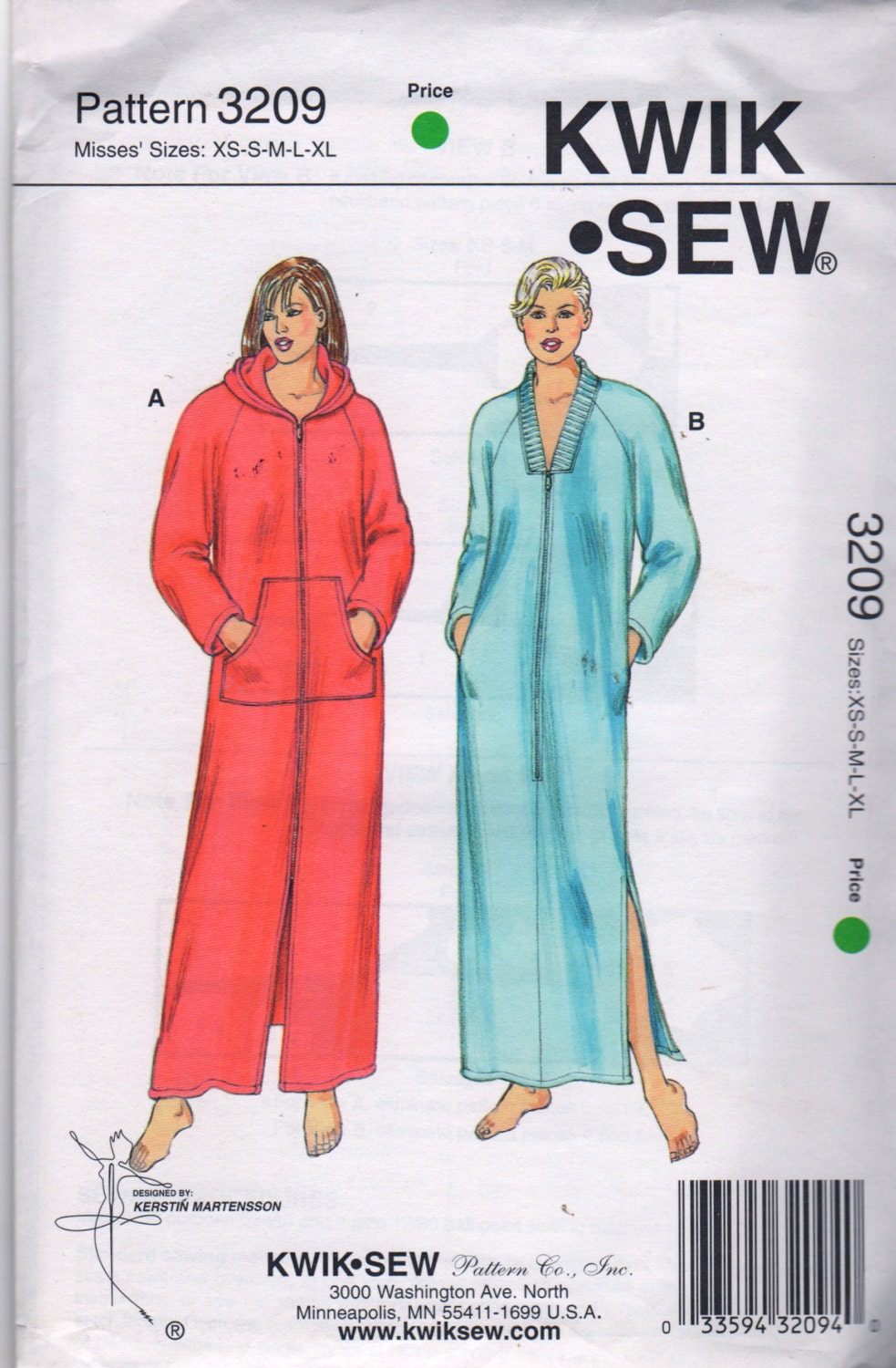 Kwik Sew 3209 Misses Zip Front ROBE Pattern Optional Hood