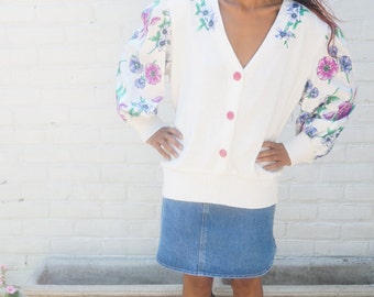 Sweater 1980s Vintage White Floral Top