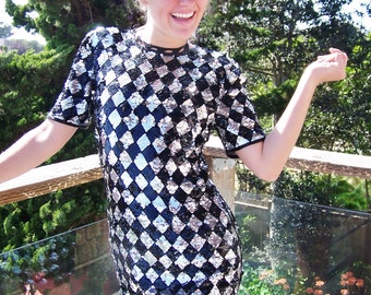 Designer sequin dress, Mod mini dress, Black + Silver Dress, Mod Party dress, Mod cocktail dress, size S